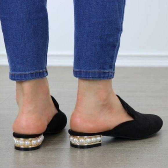 Suede Slip On Loafer Mule Pearl Accents On Heel - Picture 7 of 12